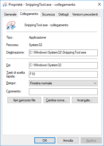 Come fare uno Screenshot su Windows 10 - proprietà snippingtool.exe
