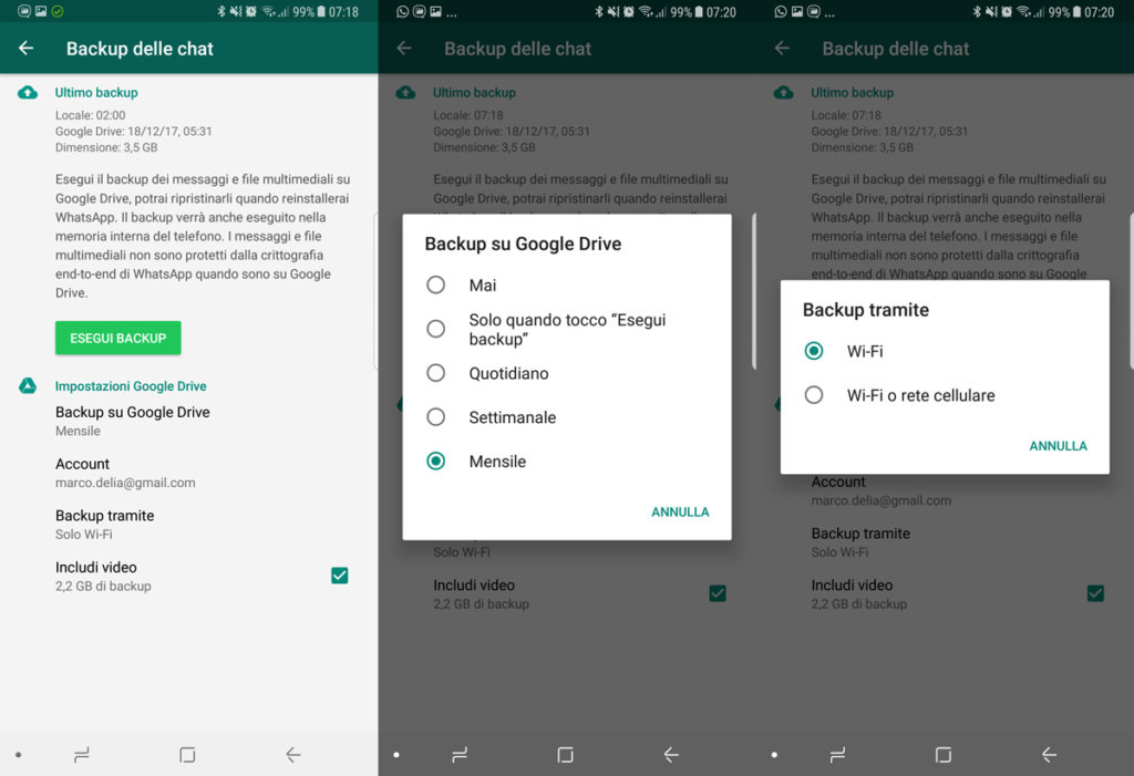 Whatsapp backup in Google Drive impostazioni