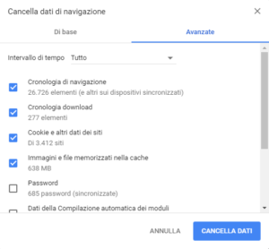 Chrome come cancella la cache - Cancellai dati di navigazione - Avanzate